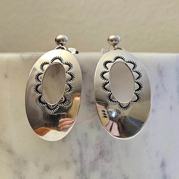 Evans Jewelry - Native American Evans Large Sterling Silver Stamped Oval Dangle Earrings
